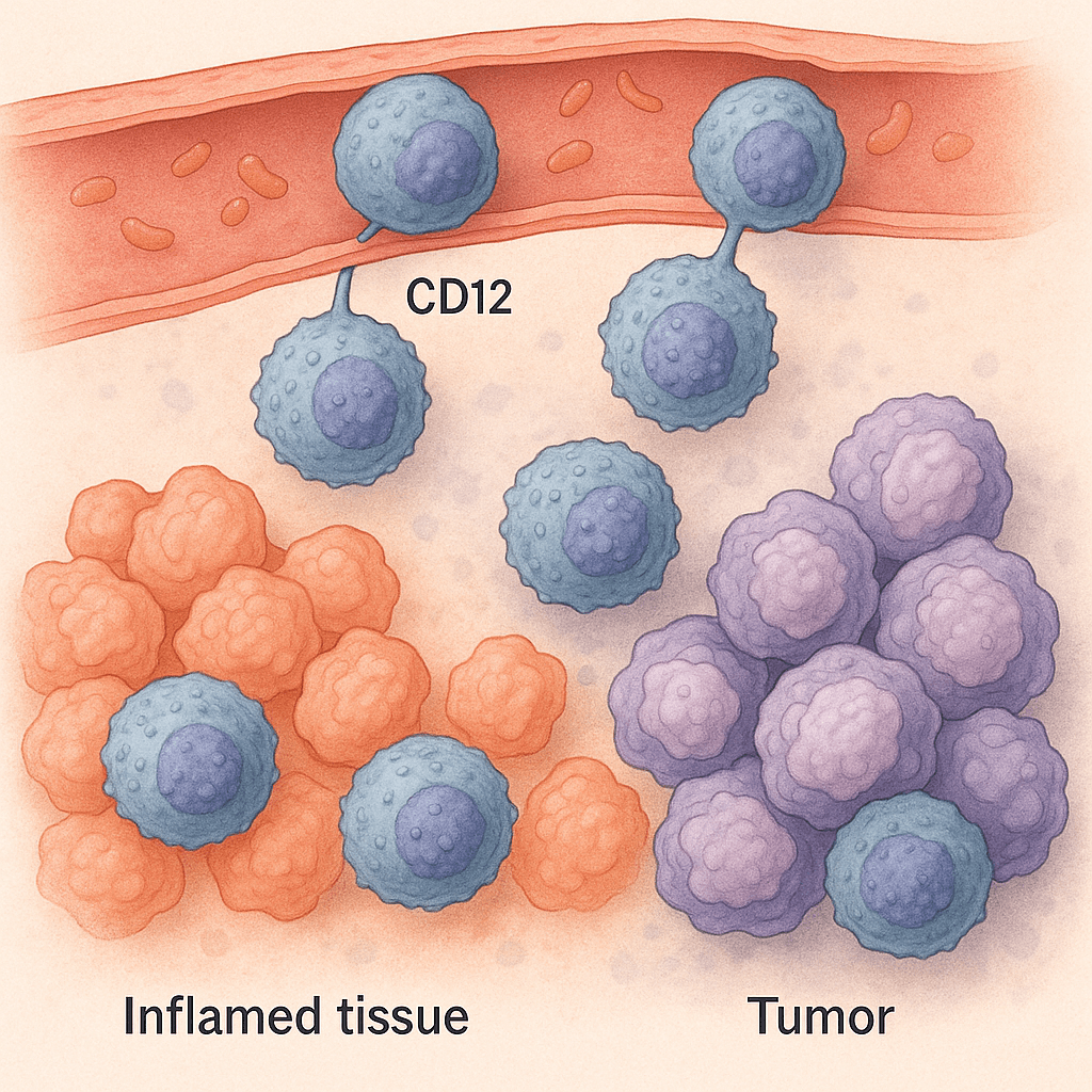 Illustration showing immune cells expressing CD12, interacting within inflamed tissue and the tumor microenvironment, highlighting its role in immune regulation.