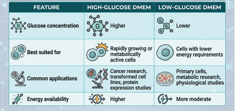 High-glucose vs low-glucose DMEM comparison chart