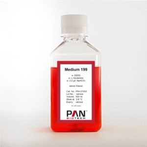 Close-up view of M199 w: EBSS cell culture medium bottle.