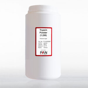 Opaque bottle with label on front. Bottle contains white powdered product Trypsin.