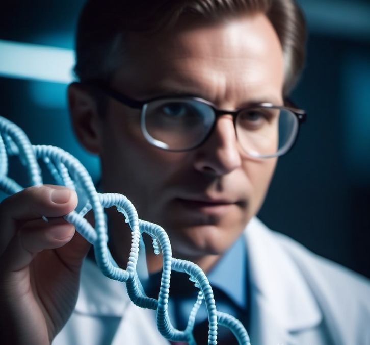 Male scientist holding an enlarged DNA molecule
